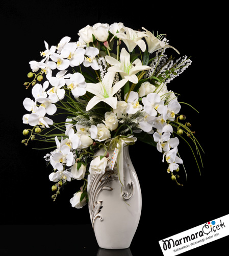 Beyaz Seramikte Orkideli Yapay 