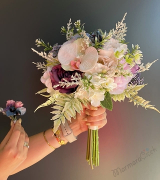 Yapay Kır Çiçekleri ve Orkide Gelin Buketi