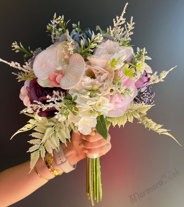 Yapay Kır Çiçekleri ve Orkide Gelin Buketi